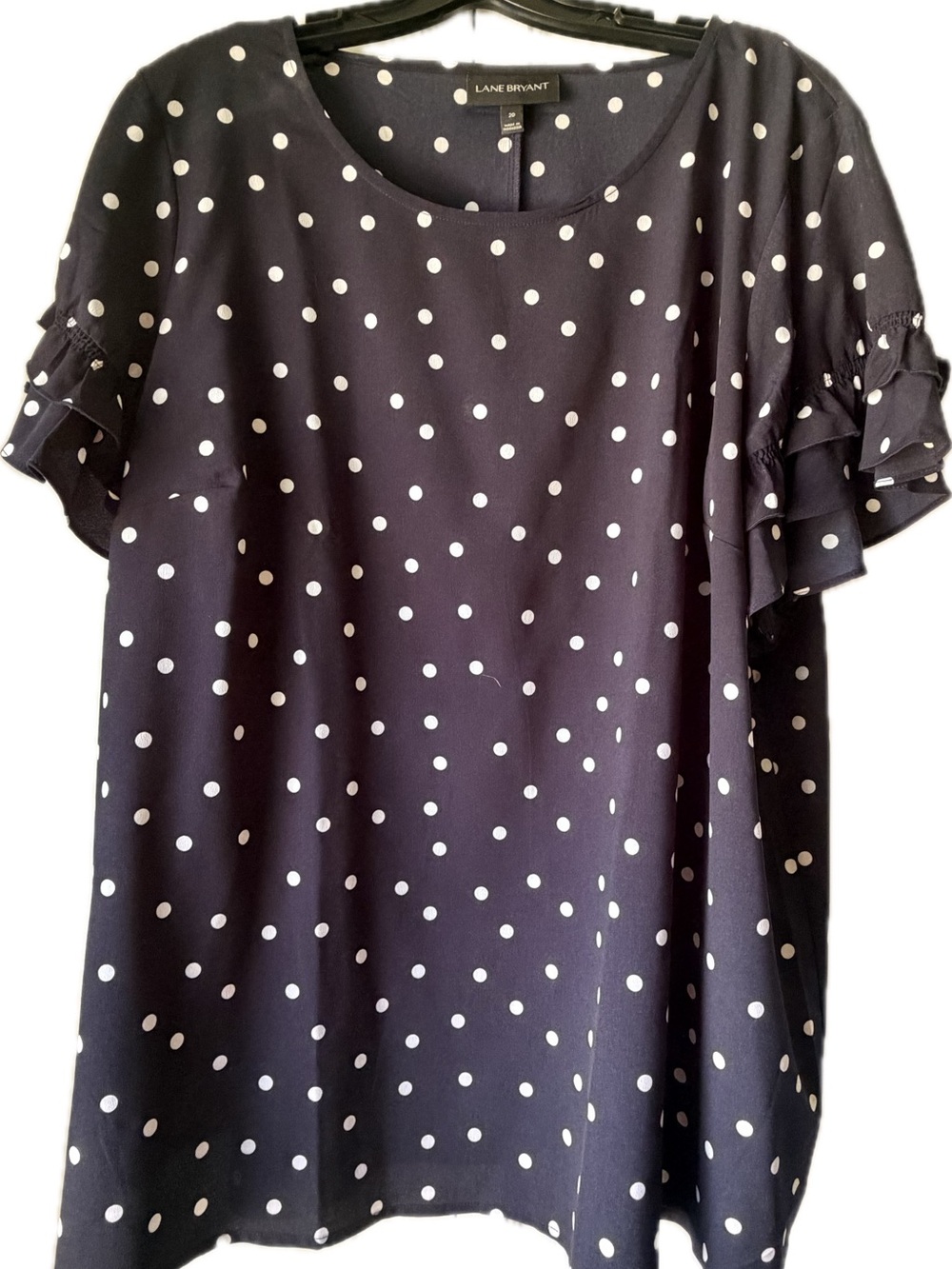 Lane Bryant Navy and White Polka Dot Short Sleeved Ruffle Sleeve Top size 20